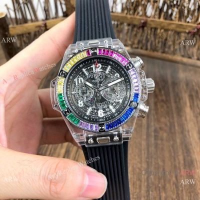 Hublot Big Bang Unico Replica Watches Rainbow Bezel Skeleton Dial Hublot Clear Watch